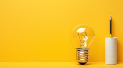  a light bulb sitting on top of a table next to a pencil and a roll of paper on a yellow background.
