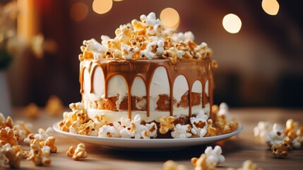 Obraz na płótnie Canvas a cake with caramel drizzled on top of it sitting on a plate with popcorn scattered around it.