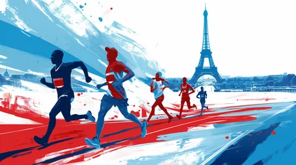 Rolgordijnen Paris olympics games France 2024 ceremony running sports Eiffel tower summer artwork painting commencement torch © The Stock Image Bank