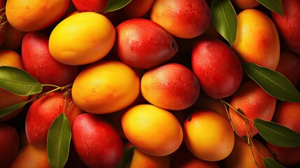 Fresh organic Indian mangoes overhead photo, Tropical Indiai Bangladesh subcontinent summer fruit - obrazy, fototapety, plakaty