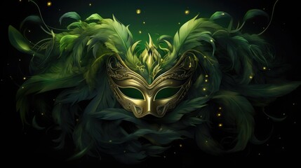 Enigmatic Venetian Mask Adorned with Gold and Emerald Feathers in Darkness - Generative AI