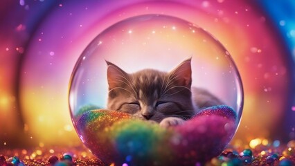 cat in the night highly intricately detailed photograph of  Cute Maine Coon kitten sleeping inside colorful rainbow glass ball