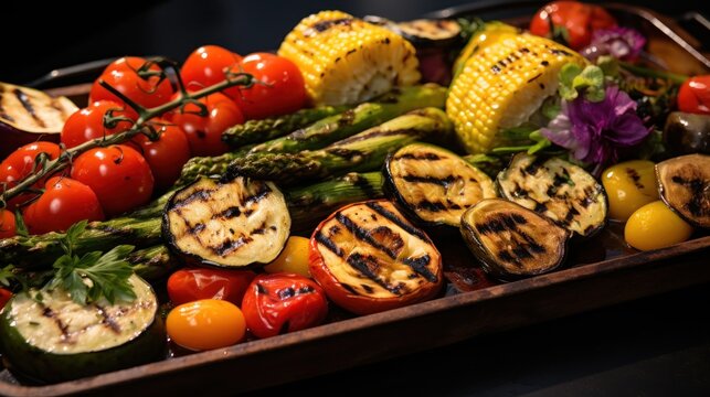  a tray of grilled vegetables including asparagus, tomatoes, corn, and corn on the cob.