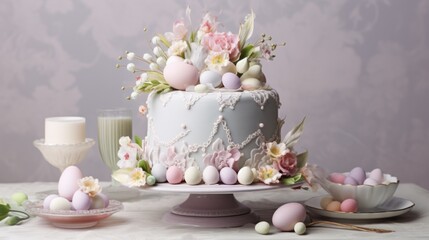  a decorated cake sitting on top of a table next to a bowl of eggs and a plate of cake decorating utensils.