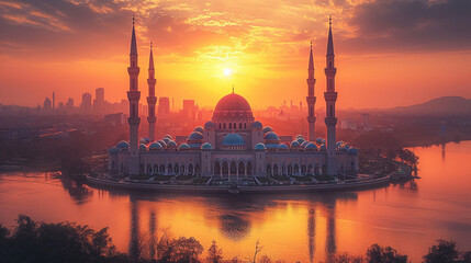 A breathtaking aerial view of a beautiful mosque at sunset, its majestic minarets and domes casting long shadows against the warm hues of the sky, creating a serene and captivating