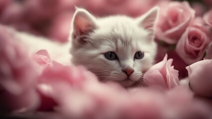 cat on a pink background A tiny kitten with a coat as soft as silk, snoozing soundly amidst a bed of lush pink roses,  