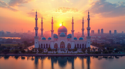 Fototapeta na wymiar A breathtaking aerial view of a beautiful mosque at sunset, its majestic minarets and domes casting long shadows against the warm hues of the sky, creating a serene and captivating