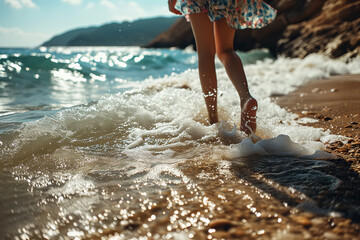 Fototapeta premium Vacation at sea, close-up of women's slender legs walking along the seashore on a sunny summer day