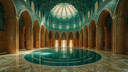 Obraz premium An interior shot of a mosque with a mesmerizing dome adorned with intricate geometric patterns and Arabic calligraphy, the play of light and shadow creating a sense of divine radia