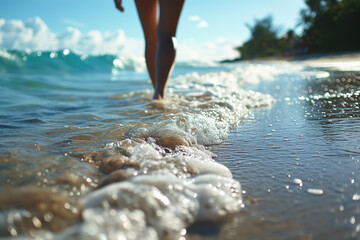 Close-up of legs of a slender woman barefoot walking on a tropical sea beach, rear view. Rest, relaxation, vacation