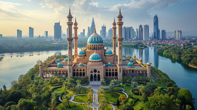 A panoramic shot of a mosque nestled in the heart of a bustling city, with contemporary architecture blending seamlessly with traditional elements, highlighting the intersection of