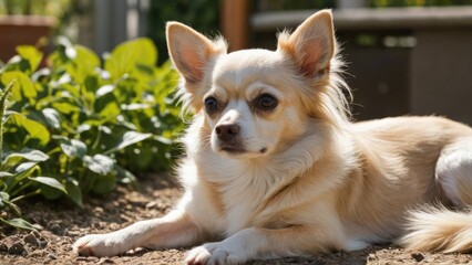 Cream long coat chihuahua dog lying outside in the garden