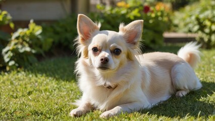 Cream long coat chihuahua dog lying outside in the garden