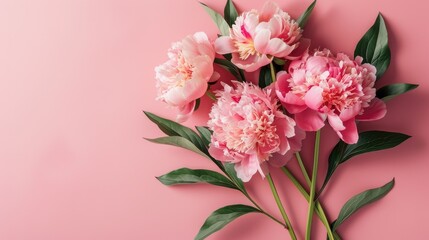 a bouquet of peonies on a pink background, presenting the perfect concept for Mother's Day, Valentine's Day, and birthday celebrations, with copy space is ideal for a greeting card.
