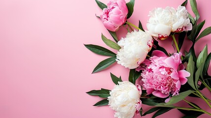 a bouquet of peonies on a pink background, presenting the perfect concept for Mother's Day, Valentine's Day, and birthday celebrations, with copy space is ideal for a greeting card.