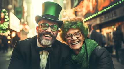 Contemporary adult man and woman in green hats and St. Patrick's Day suits looking at the camera and smiling - obrazy, fototapety, plakaty