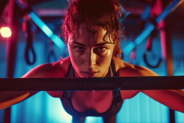 a person immersed in a workout. intensity of each exercise. infusing the visuals with a sense of vitality. Incorporate close-ups to convey the raw emotions and dedication of the individual. 