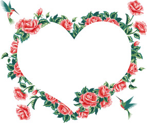 Banner in a shape of heart with red roses. 