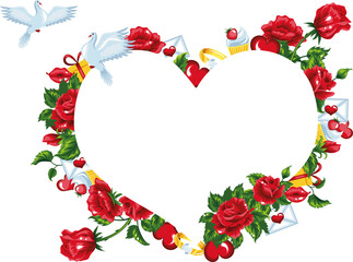 Banner in a shape of heart with red roses and valentine's day elements.