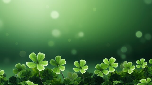  a group of green clovers on a green background with a boke of light in the middle of the image.