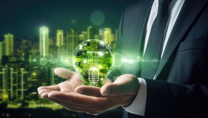 Human touching a advanced technology based on AI light with greenery city, eco-friendly city on a city background with hologram network light bulb screen icons for energy source renewable.