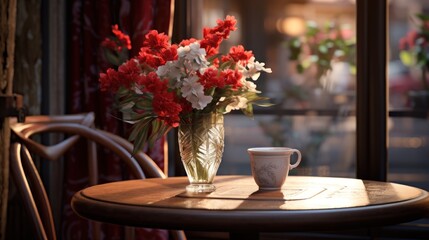  a vase filled with red and white flowers sitting on top of a wooden table next to a glass vase filled with red and white flowers.