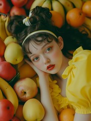 Fototapeta na wymiar Fruit and woman fashion photoshoot Dreamy surreal compositions