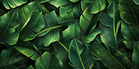 Floral background of dark green tropical leaves close up. Natural foliage texture. Flat lay, illustration, wallpaper, banner. Tropical nature concept - obrazy, fototapety, plakaty