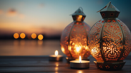 A lantern is placed on a wooden table with a beautiful background for the Muslim feast of the holy month of Ramadan Kareem.