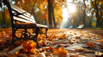 bench in autumn park - obrazy, fototapety, plakaty