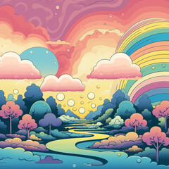 2D rainbow pastel color landscape with river, cloud. cartoon style
