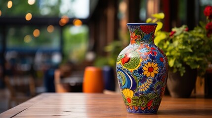  a colorful vase sitting on top of a wooden table next to a potted plant in front of a window.
