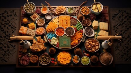  a platter filled with lots of different types of cheese and crackers next to bowls of fruit and nuts.