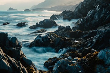 A rocky coastline with neon slate gray veins in the cliffs and waves,