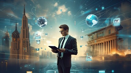 digital banking, a businessman presenting online banking and payments, integration of finance and banking networks incorporating elements of artificial intelligence, fintech and customer networks.