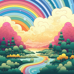 2D rainbow pastel color landscape with river, cloud. cartoon style