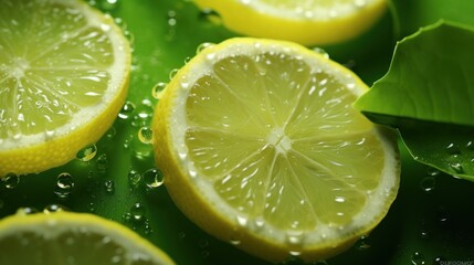  a group of lemons sitting on top of a green leafy surface with drops of water on the top of them.