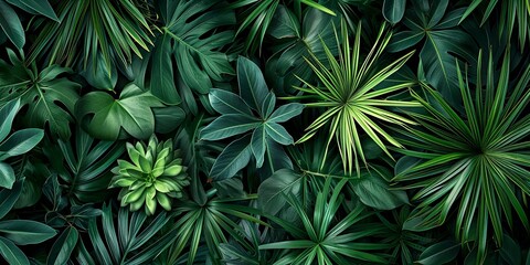 Group background of dark green tropical leaves close-up (monstera, palm, coconut leaf, fern, palm leaf, banana leaf, succulents). Natural foliage texture. Flat lay illustration, wallpaper
