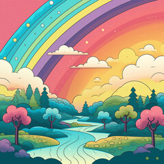 2D rainbow pastel color landscape with river, cloud. cartoon style