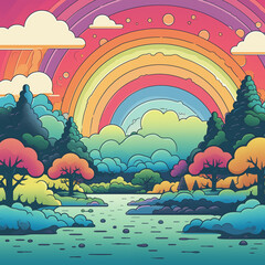 2D rainbow pastel color landscape with river, cloud. cartoon style