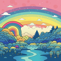 2D rainbow pastel color landscape with river, cloud. cartoon style