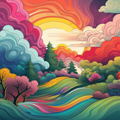 Fototapeta na wymiar 2D rainbow color lanscapw with river, cartoon, abstract, colorful