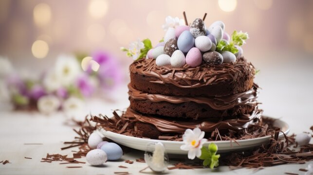  a chocolate cake sitting on top of a white plate covered in chocolate frosting and decorated with eggs and flowers.