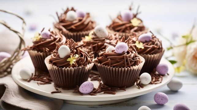  a white plate topped with chocolate cupcakes covered in chocolate frosting and candy eggs next to a basket of flowers.