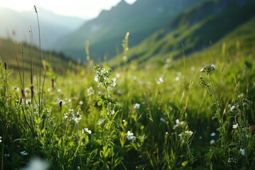 A serene Alpine meadow with neon light green veins in the grass and flowers, - obrazy, fototapety, plakaty