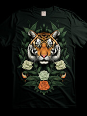 t-shirt design, an up and down stok style lg t shirt with a head of a tiger and some flowers, in the style of realistic and hyper-detailed renderings created with Generative Ai - obrazy, fototapety, plakaty