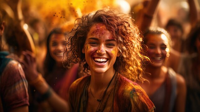 Woman With Painted Face in Front of Colorful Background, Holi