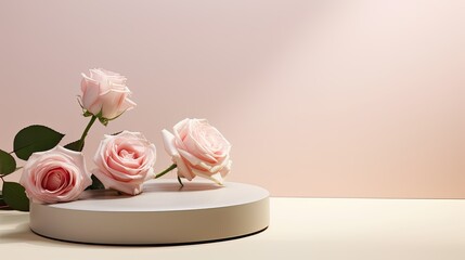 product display and business concepts, featuring a product podium adorned with fresh pink rose flowers on a pastel background, an elegant beauty concept, presented in a minimalist modern style.