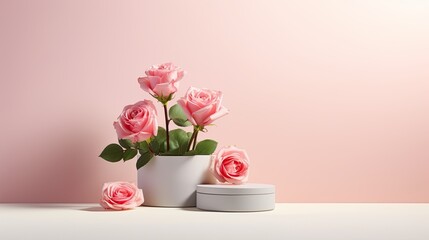 product display and business concepts, featuring a product podium adorned with fresh pink rose flowers on a pastel background, an elegant beauty concept, presented in a minimalist modern style.