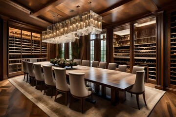 A lavish dining room in a luxury home with a long oak table, plush upholstered chairs, and a wine cellar visible through glass walls.
